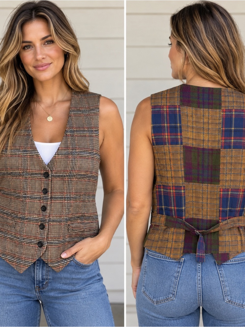 Houston White Plaid Vest XL Patchwork Wool Blend Academia Preppy